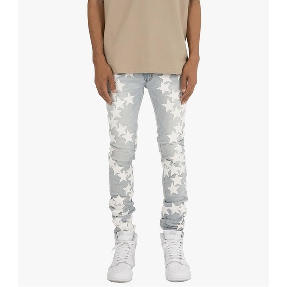 MNML Star Patch Light Wash Denim Jeans Mens Size 31 Grunge Skinny Stretch - Picture 1 of 7